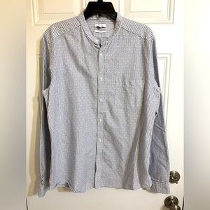 REISS Slim Fit Mens Button Down Dress Shirt Blue Stripe Collarless Size XL